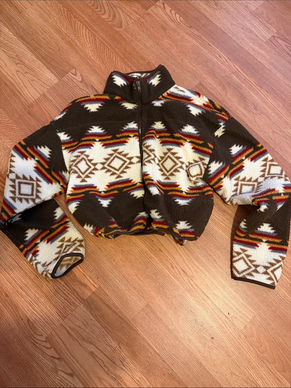 Love Tree Brown & Cream Geometric Half-Zip Fleece Sweater
